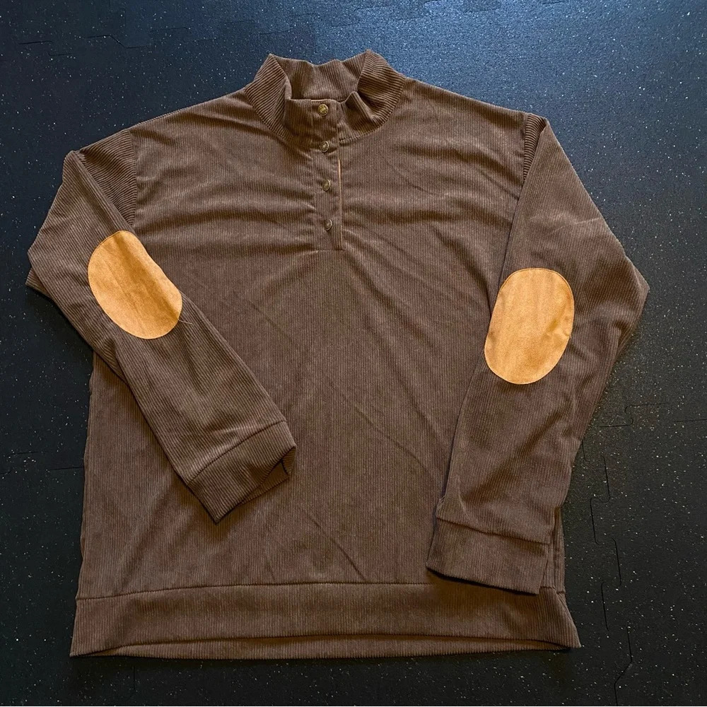 NWOT Men Corduroy Pullover Colorblock 1/4 Button Sweatshirt Golden Brown 2XL
